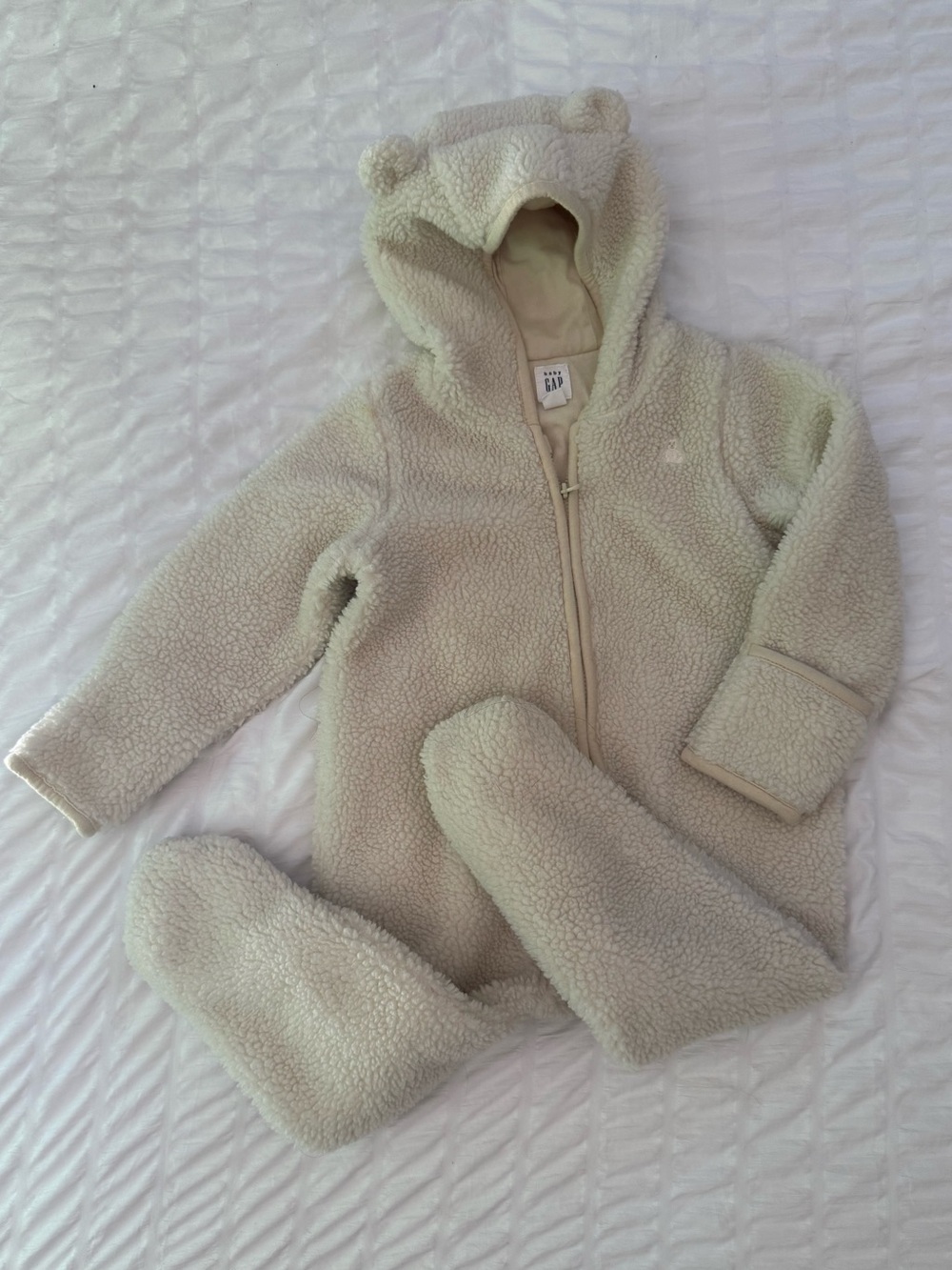 GAP Baby Cozy Sherpa Hooded Onesie in Ivory